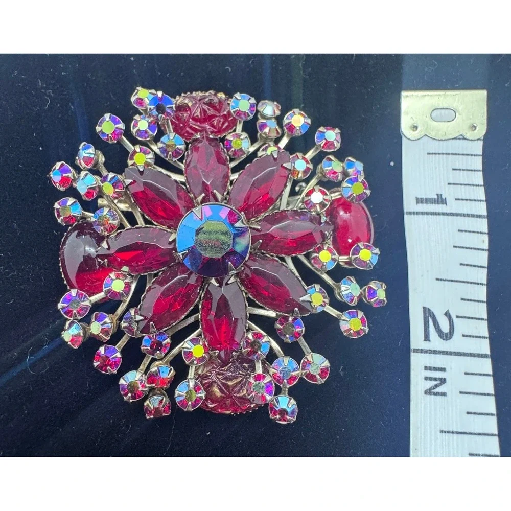 Vintage Red AB Rhinestone Starburst Brooch Silver Tone Floral Pin 2.25 Inch